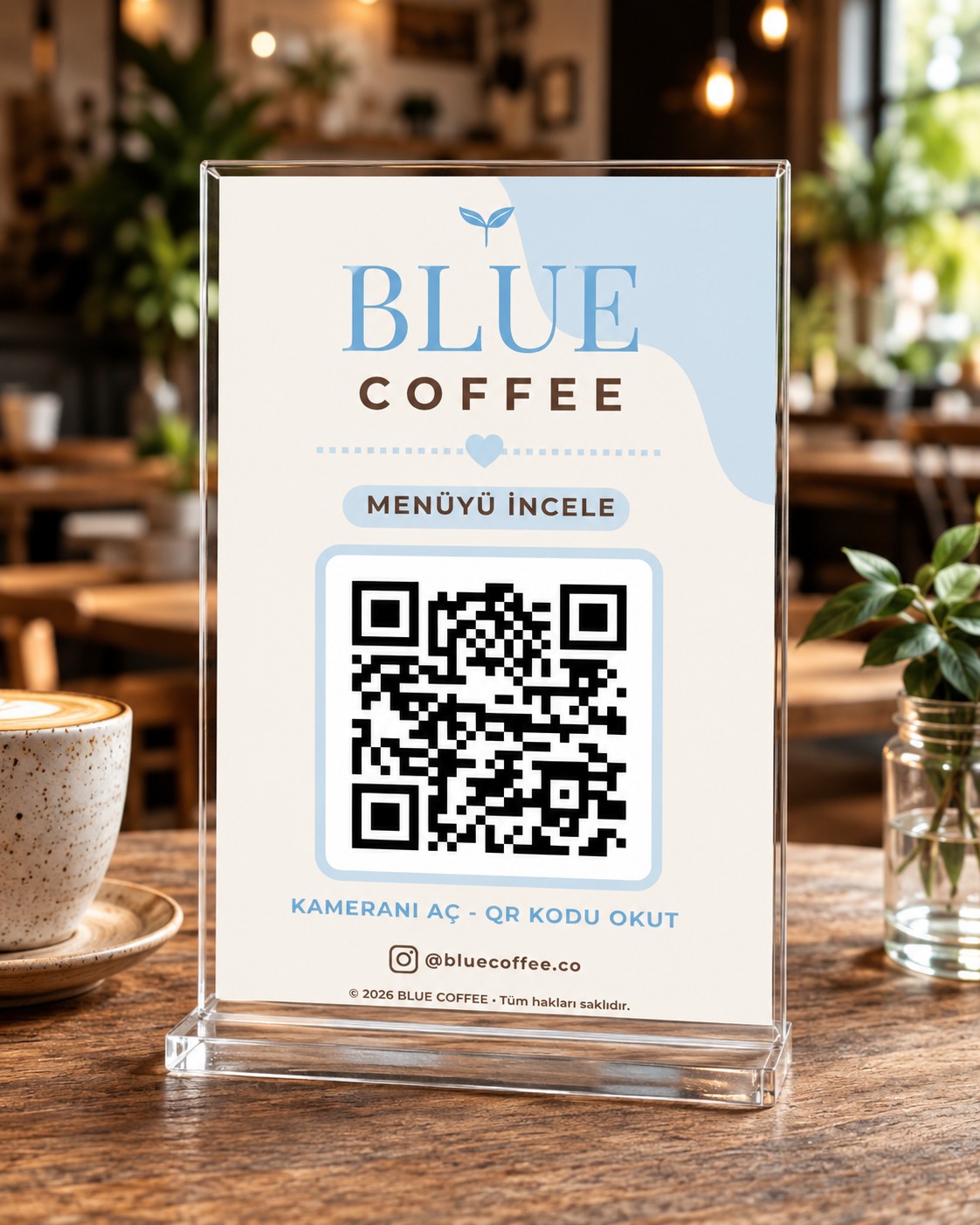 Blue Coffee masa QR menü standı