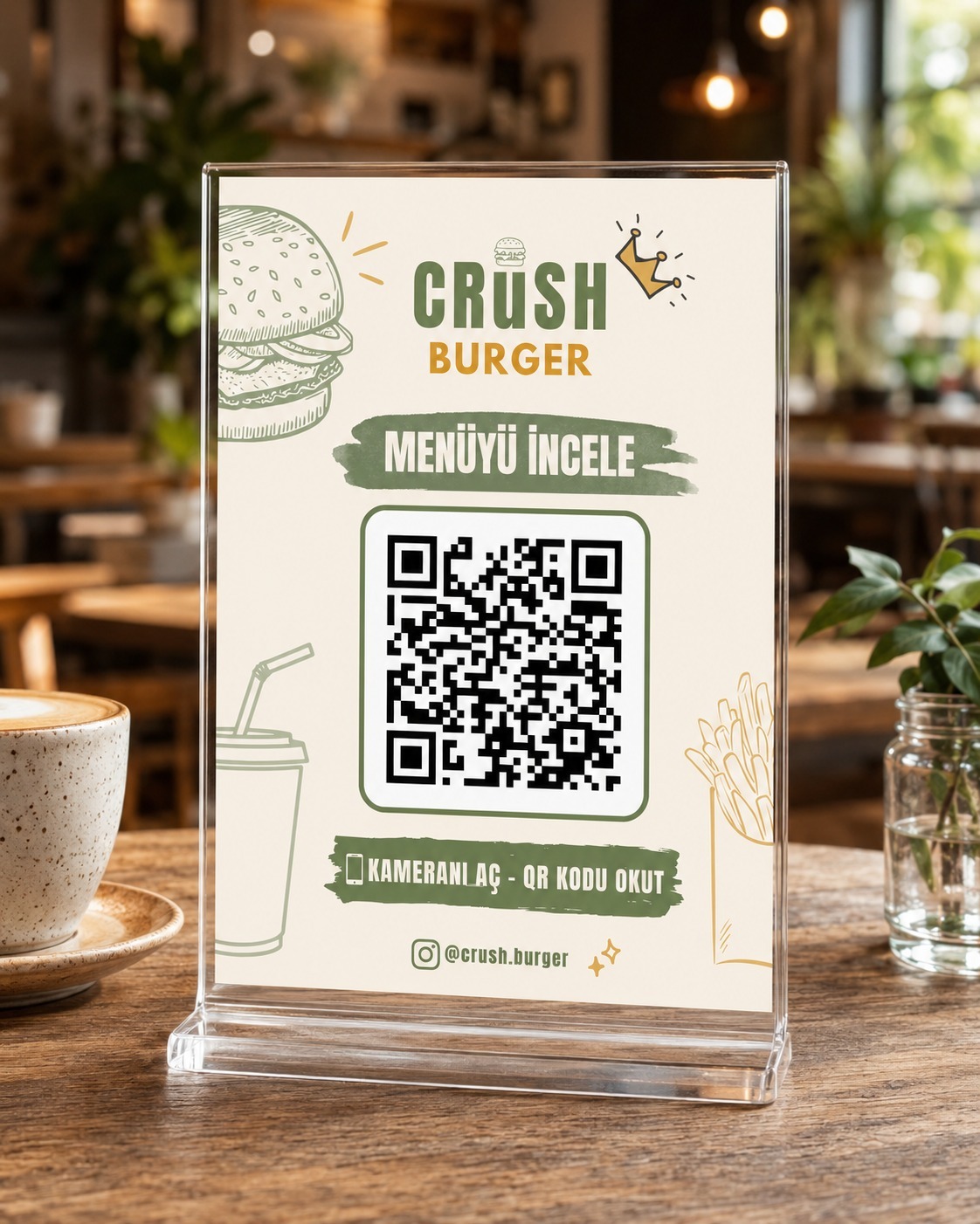 Crush Burger masa QR menü standı