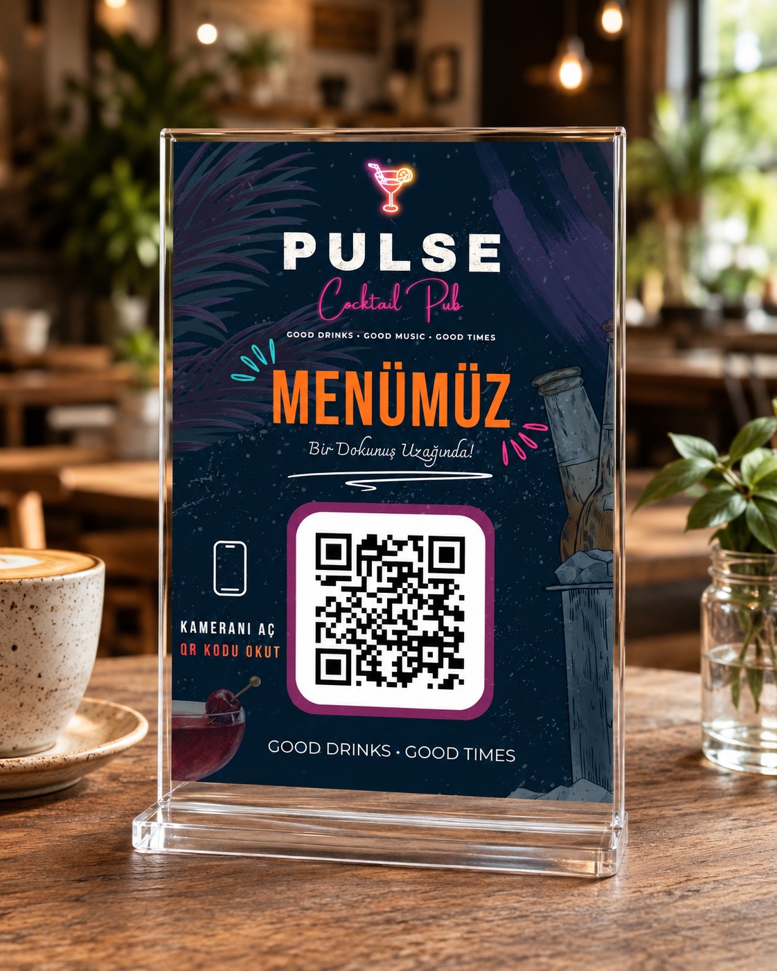 Pulse Cocktail Pub masa QR menü standı