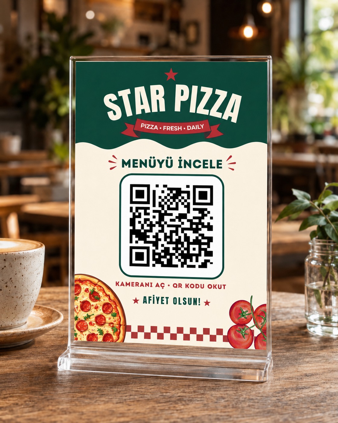 Star Pizza masa QR menü standı