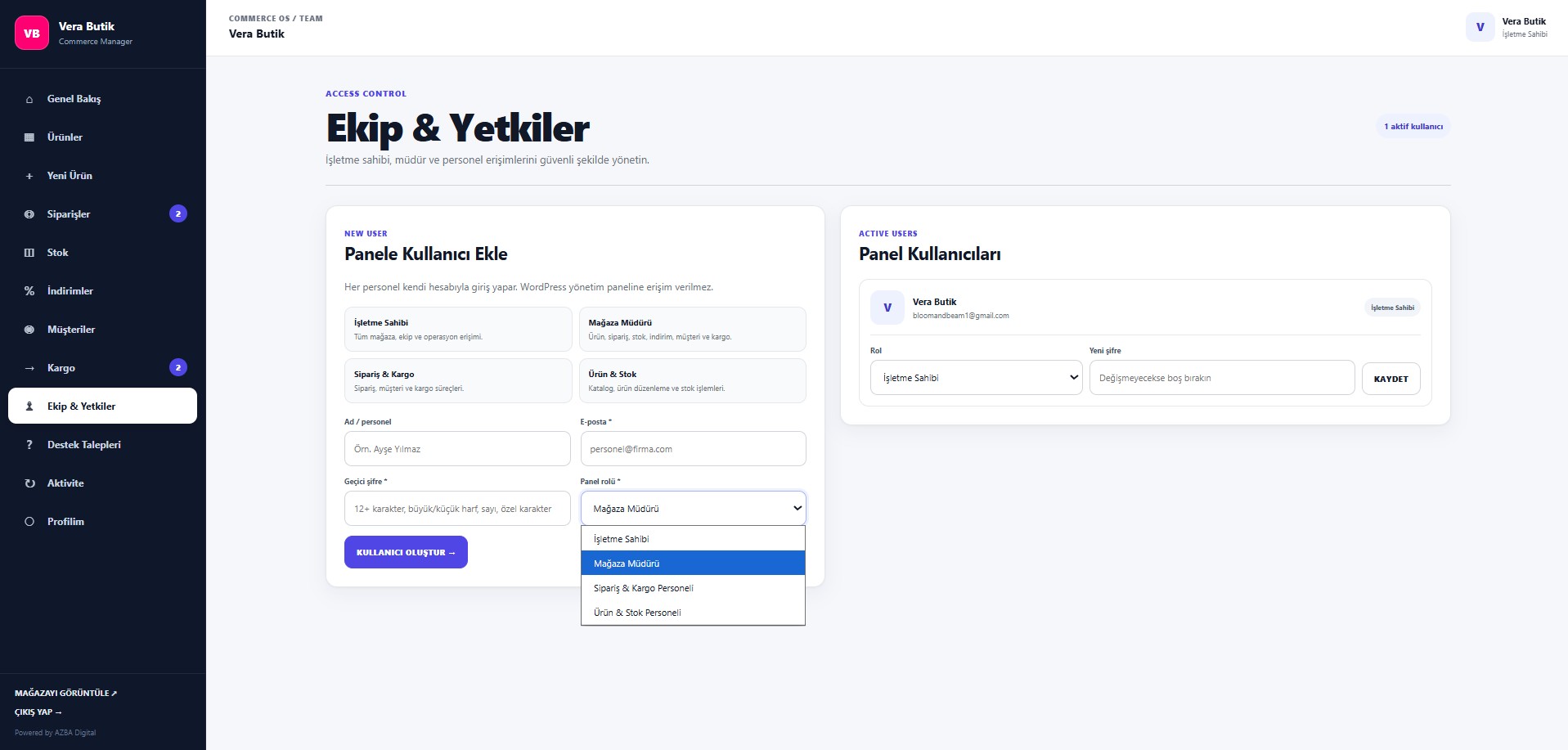 AZBA Store Manager ekip ve yetki ekranı